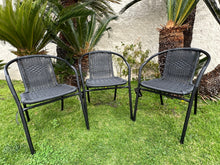 BTExpert Indoor Outdoor 23.75" Round Restaurant Table Stainless Steel Silver Aluminum + 3 Black Restaurant Rattan Stack Chairs Commercial Lightweight