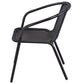 BTExpert Indoor Outdoor 28" Square Glass Metal Table Black Rattan Trim + 2 Black Rattan Stack Chairs