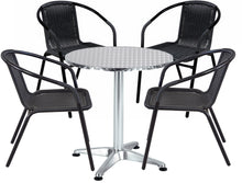 BTExpert Indoor Outdoor 23.75" Round Restaurant Table Stainless Steel Silver Aluminum + 4 Black Restaurant Rattan Stack Chairs Commercial Lightweight