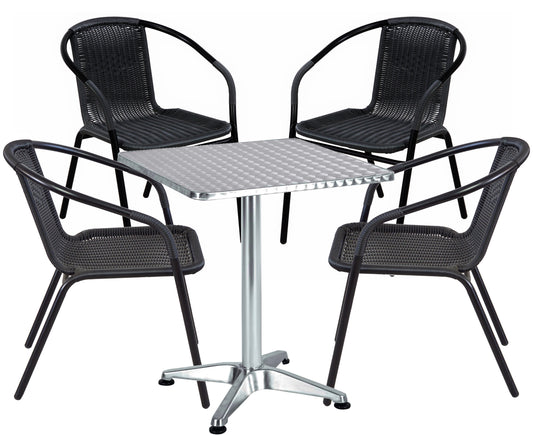 BTExpert 23.75" Square Indoor Outdoor Restaurant Table Steel Silver Aluminum + 4 Black Rattan Stack Chairs Commercial Lightweight