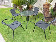 BTExpert Indoor Outdoor 28" Round Tempered Glass Metal Table Black Rattan Trim + 4 Black Restaurant Rattan Stack Chairs