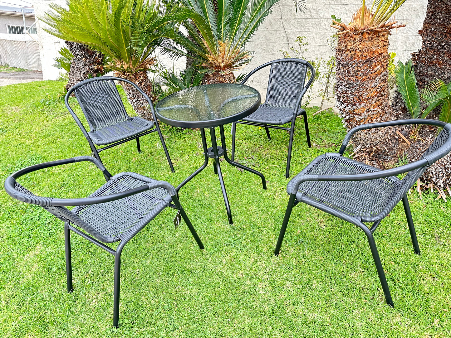 BTExpert 23.75" Round Glass Metal Table + 4 Black Rattan Chairs, Indoor Outdoor Commercial Lightweight