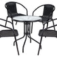 BTExpert 23.75" Round Glass Metal Table + 4 Black Rattan Chairs, Indoor Outdoor Commercial Lightweight