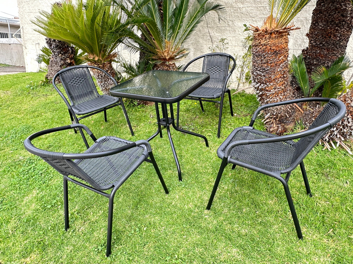 BTExpert 23.75" Square Glass Metal Table + 4 Gray Rattan Stack Chairs, Indoor Outdoor Commercial Lightweight