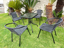 BTExpert Indoor Outdoor 23.75" Square Tempered Glass Metal Table + 4 Gray Restaurant Rattan Stack Chairs Commercial Lightweight