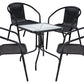 BTExpert 23.75" Square Glass Metal Table + 4 Black Rattan Stack Chairs, Indoor Outdoor Commercial Lightweight