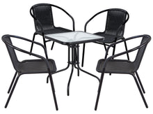 BTExpert Indoor Outdoor 23.75" Square Tempered Glass Metal Table + 4 Black Restaurant Rattan Stack Chairs Commercial Lightweight