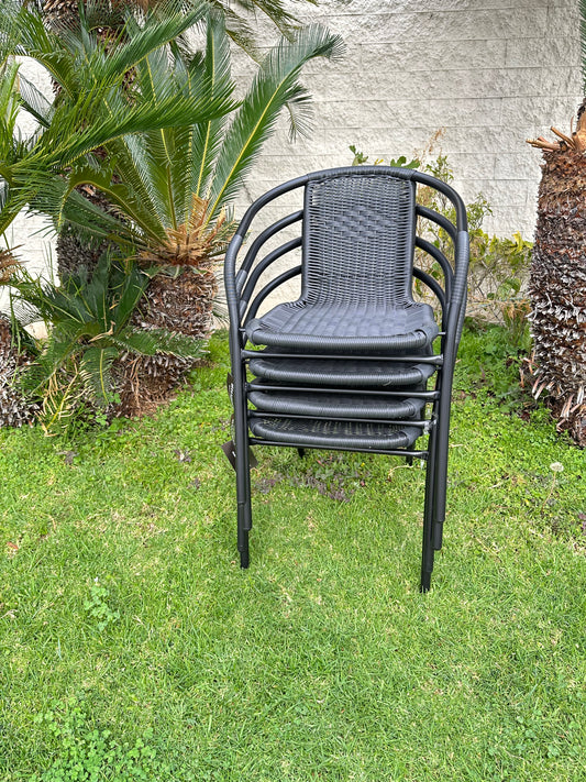 BTExpert 23.75" Round Table Stainless Steel Silver Aluminum + 4 Black Restaurant Rattan Stack Chairs