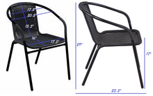 BTExpert Indoor Outdoor 28" Square Tempered Glass Metal Table Black Rattan Trim + 3 Black Restaurant Rattan Stack Chairs