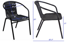 BTExpert Indoor Outdoor 28" Round Tempered Glass Metal Table Black Rattan Trim + 4 Black Restaurant Rattan Stack Chairs