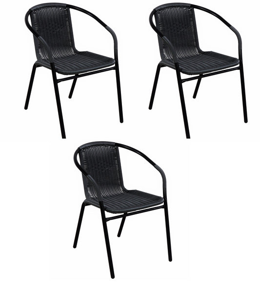BTExpert Indoor Outdoor 28" Square Glass Metal Table Black Rattan Trim + 3 Black Rattan Stack Chairs