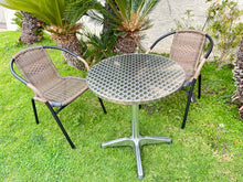 BTExpert Indoor Outdoor 23.75" Round Restaurant Table Stainless Steel Silver Aluminum + 2 Brown Restaurant Rattan Stack Chairs Commercial Lightweight