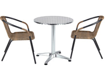 BTExpert Indoor Outdoor 23.75" Round Restaurant Table Stainless Steel Silver Aluminum + 2 Brown Restaurant Rattan Stack Chairs Commercial Lightweight