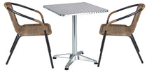 BTExpert Indoor Outdoor 23.75" Square Restaurant Table Stainless Steel Silver Aluminum + 2 Brown Restaurant Rattan Stack Chairs Commercial Lightweight