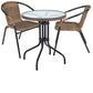 BTExpert Indoor Outdoor 28" Round Glass Metal Table Brown Rattan Trim + 2 Brown Rattan Stack Chairs