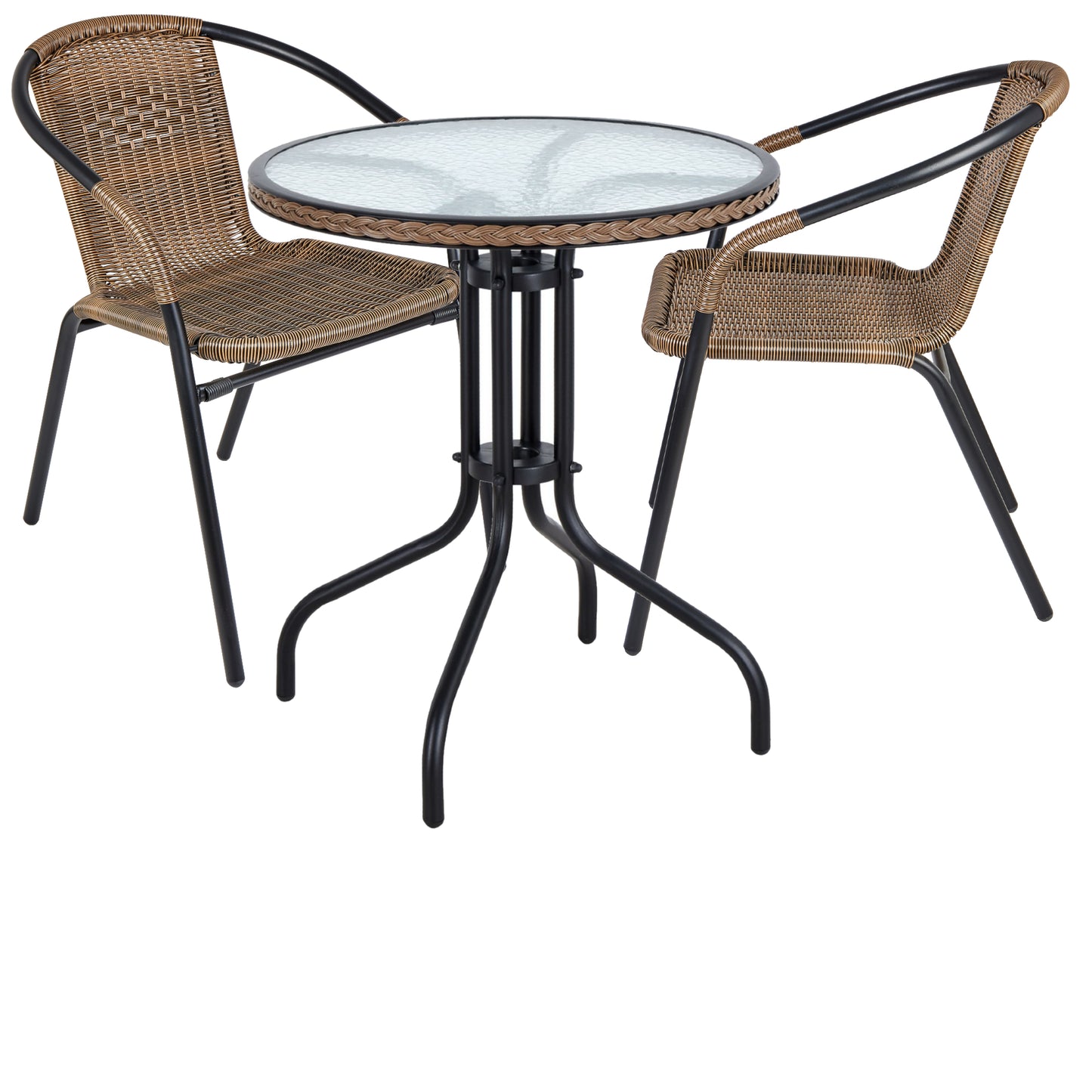 BTExpert Indoor Outdoor 28" Round Glass Metal Table Brown Rattan Trim + 2 Brown Rattan Stack Chairs