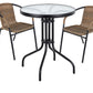 BTExpert Indoor Outdoor 23.75" Round Glass Metal Table + 2 Brown Rattan Stack Chairs