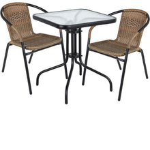 BTExpert Indoor Outdoor 23.75" Square Tempered Glass Metal Table + 2 Brown Restaurant Rattan Stack Chairs