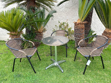 BTExpert Indoor Outdoor 23.75" Round Restaurant Table Stainless Steel Silver Aluminum + 3 Brown Restaurant Rattan Stack Chairs Commercial Lightweight
