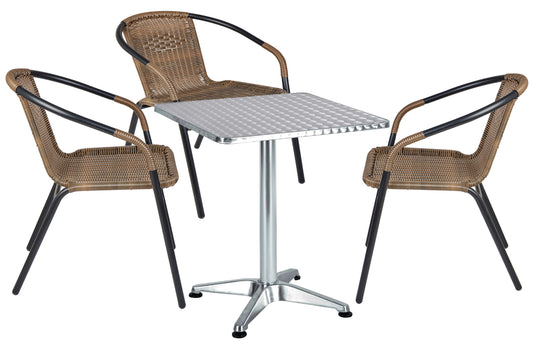 BTExpert 23.75" Square Stainless Steel Table + 3 Brown Rattan Stack Chairs, Indoor Outdoor Commercial Lightweight