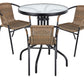 BTExpert Indoor Outdoor 23.75" Round Glass Metal Table + 3 Brown Rattan Stack Chairs