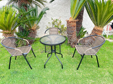 BTExpert Indoor Outdoor 23.75" Round Tempered Glass Metal Table + 3 Brown Restaurant Rattan Stack Chairs