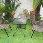 BTExpert Indoor Outdoor 23.75" Square Glass Metal Table + 3 Brown Rattan Stack Chairs