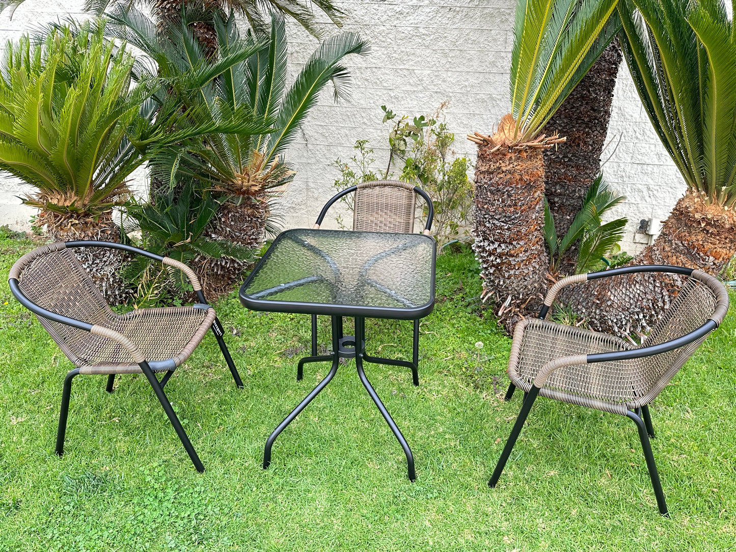 BTExpert Indoor Outdoor 23.75" Square Glass Metal Table + 3 Brown Rattan Stack Chairs