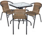 BTExpert Indoor Outdoor 23.75" Square Glass Metal Table + 3 Brown Rattan Stack Chairs