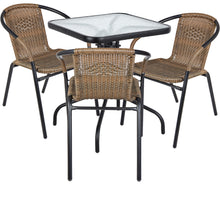 BTExpert Indoor Outdoor 23.75" Square Tempered Glass Metal Table + 3 Brown Restaurant Rattan Stack Chairs