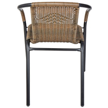 BTExpert Indoor Outdoor 23.75" Round Restaurant Table Stainless Steel Silver Aluminum + 2 Brown Restaurant Rattan Stack Chairs Commercial Lightweight