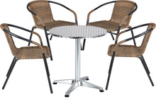 BTExpert Indoor Outdoor 23.75" Round Restaurant Table Stainless Steel Silver Aluminum + 4 Brown Restaurant Rattan Stack Chairs Commercial Lightweight