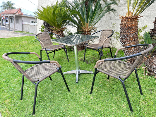 BTExpert 23.75" Square Stainless Steel Table + 4 Brown Rattan Stack Chairs, Indoor Outdoor Commercial Lightweight