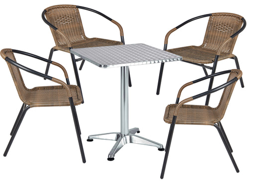BTExpert 23.75" Square Stainless Steel Table + 4 Brown Rattan Stack Chairs, Indoor Outdoor Commercial Lightweight