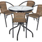 BTExpert 23.75" Round Glass Metal Table + 4 Brown Rattan Chairs, Indoor Outdoor Commercial Lightweight