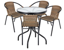 BTExpert Indoor Outdoor 23.75" Round Tempered Glass Metal Table + 4 Brown Restaurant Rattan Stack Chairs Commercial Lightweight