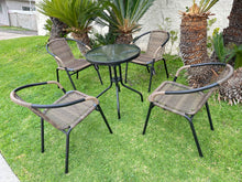 BTExpert Indoor Outdoor 23.75" Round Tempered Glass Metal Table + 4 Brown Restaurant Rattan Stack Chairs Commercial Lightweight