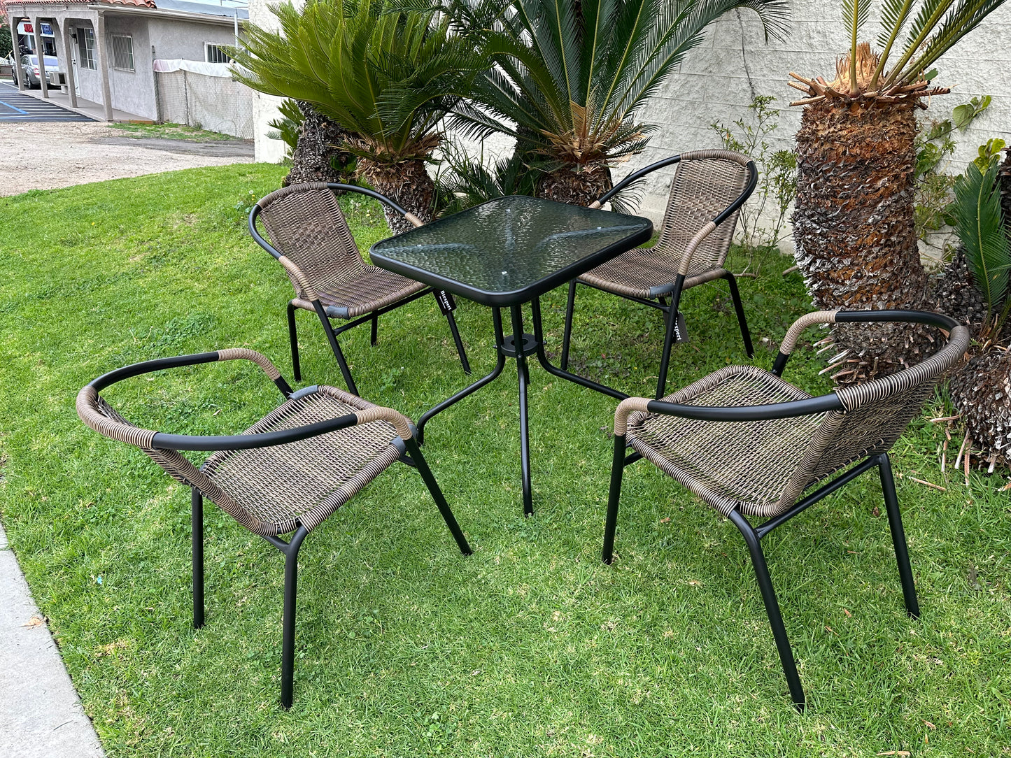 BTExpert 23.75" Square Glass Table & 4 Brown Rattan Stack Chairs, Indoor/Outdoor Lightweight Commercial Set
