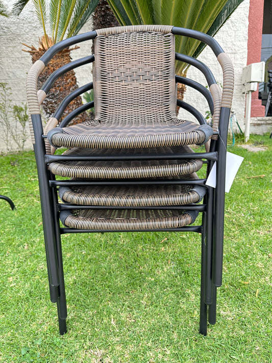 BTExpert 23.75" Square Stainless Steel Table + 3 Brown Rattan Stack Chairs, Indoor Outdoor Commercial Lightweight