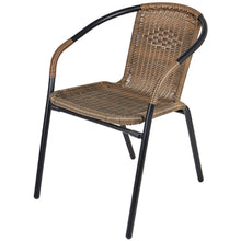 BTExpert Indoor Outdoor 28" Square Tempered Glass Metal Table Brown Rattan Trim + 2 Brown Restaurant Rattan Stack Chairs