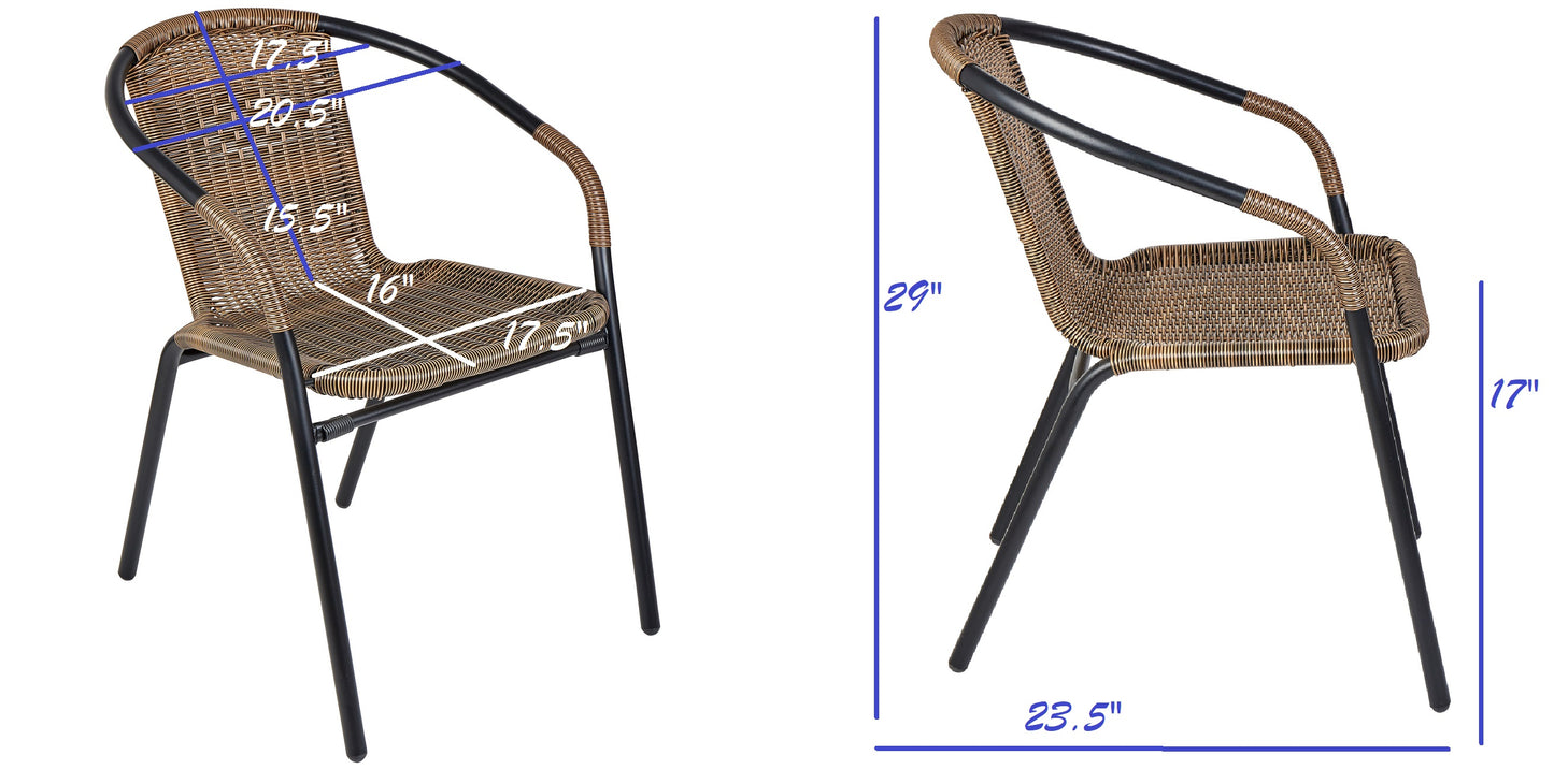 BTExpert 23.75" Square Glass Table & 4 Brown Rattan Stack Chairs, Indoor/Outdoor Lightweight Commercial Set
