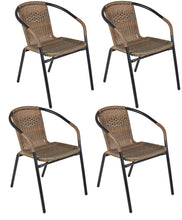 BTExpert Indoor Outdoor 28" Square Tempered Glass Metal Table Brown Rattan Trim + 4 Brown Restaurant Rattan Stack Chairs