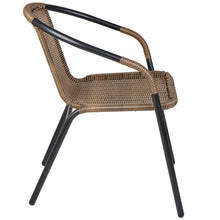 BTExpert Indoor Outdoor 28" Square Tempered Glass Metal Table Brown Rattan Trim + 3 Brown Restaurant Rattan Stack Chairs