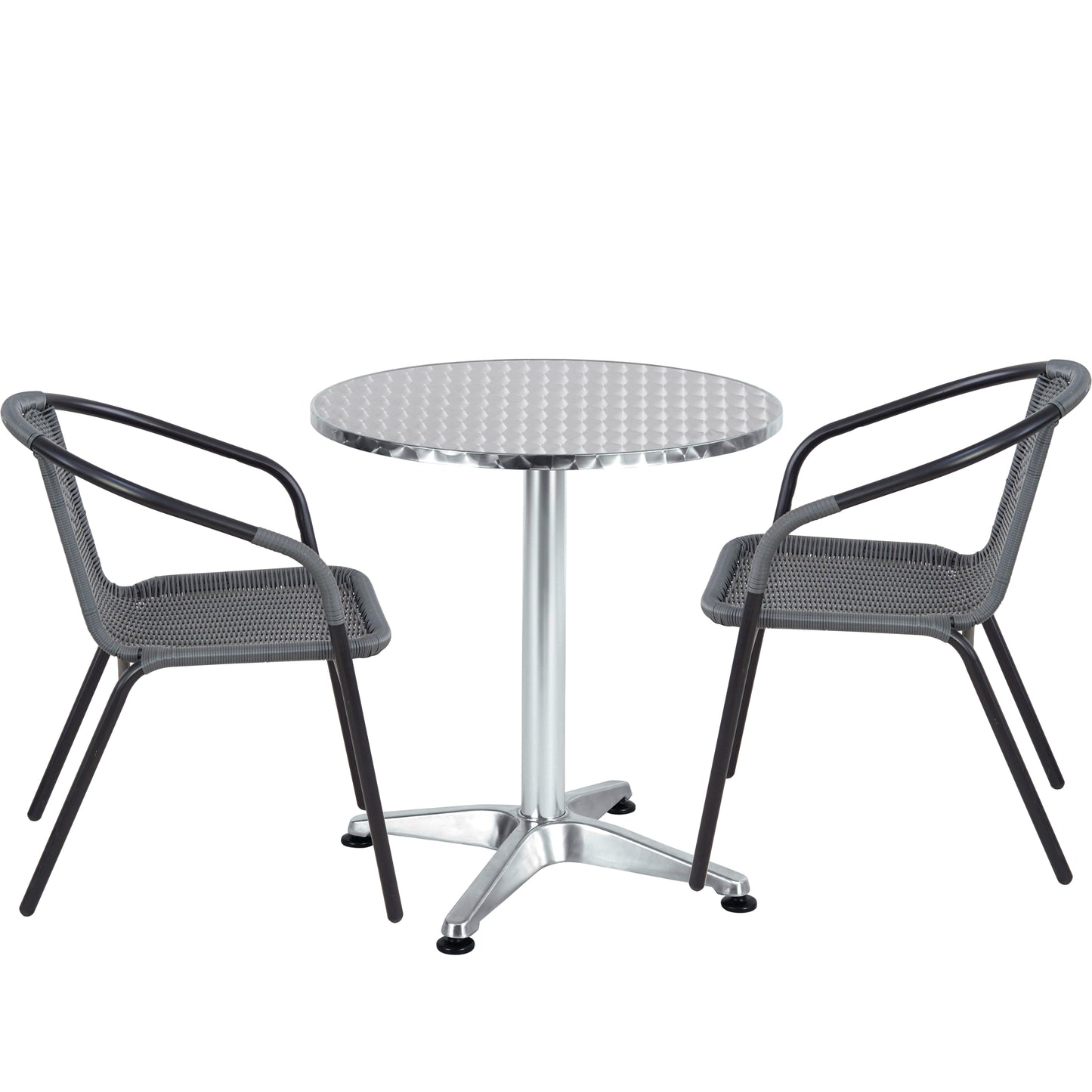 BTExpert 23.75" Round Steel Table & 2 Gray Rattan Stack Chairs, Indoor Outdoor Lightweight Commercial