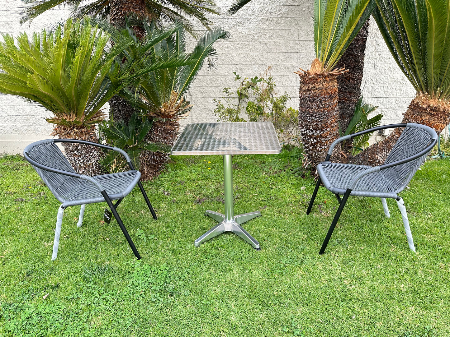 BTExpert Indoor Outdoor 23.75" Square Restaurant Table Stainless Steel Silver Aluminum + 2 Gray Restaurant Rattan Stack Chairs Commercial Lightweight
