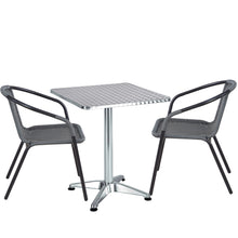BTExpert Indoor Outdoor 23.75" Square Restaurant Table Stainless Steel Silver Aluminum + 2 Gray Restaurant Rattan Stack Chairs Commercial Lightweight