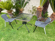 BTExpert Indoor Outdoor 28" Square Tempered Glass Metal Table Gray Rattan Trim + 2 Gray Restaurant Rattan Stack Chairs