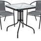 BTExpert Indoor Outdoor 23.75" Square Glass Metal Table + 2 Gray Rattan Stack Chairs