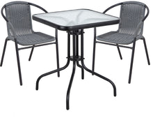 BTExpert Indoor Outdoor 23.75" Square Tempered Glass Metal Table + 2 Gray Restaurant Rattan Stack Chairs