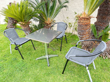 BTExpert Indoor Outdoor 23.75" Square Restaurant Table Stainless Steel Silver Aluminum + 3 Gray Restaurant Rattan Stack Chairs Commercial Lightweight